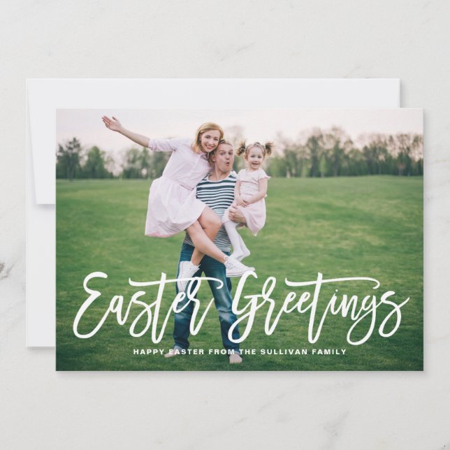 White Hand Lettered Easter Greetings Photo Card (Front)