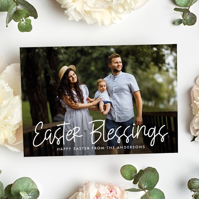 White Hand-Lettered Script Easter Blessings Photo Holiday Card (Creator Uploaded)