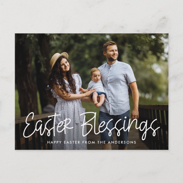 White Hand-Lettered Script Easter Blessings Photo Holiday Postcard (Front)