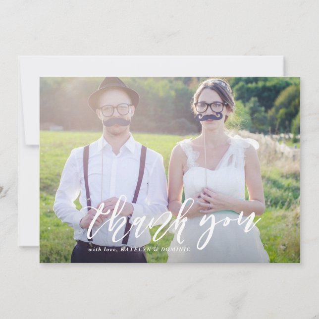 White Hand Lettered Script Photo Wedding Thank You (Front)