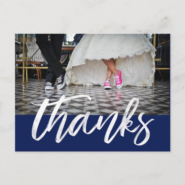 White Hand Lettered Thank You Fun Photo Wedding Postcard (Front)