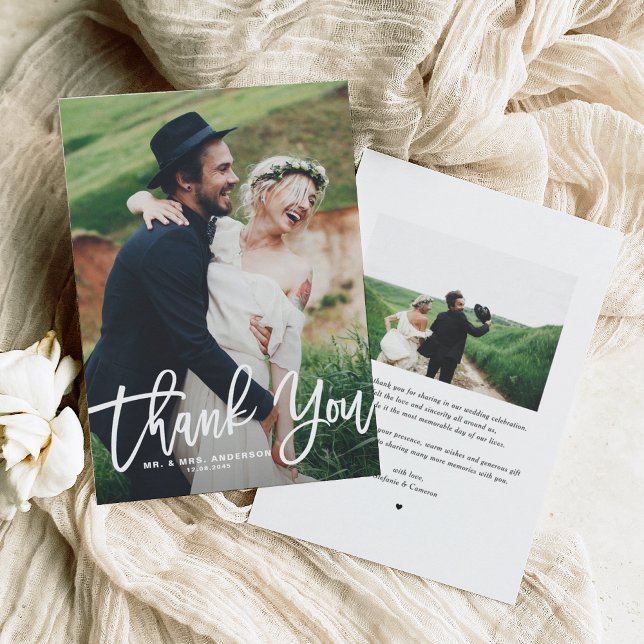 White Hand Lettering Photo Wedding Thank You Card (Rustic Hand Lettering Photo Wedding Thank You)