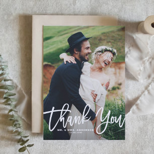 White Hand Lettering Photo Wedding Thank You Postcard