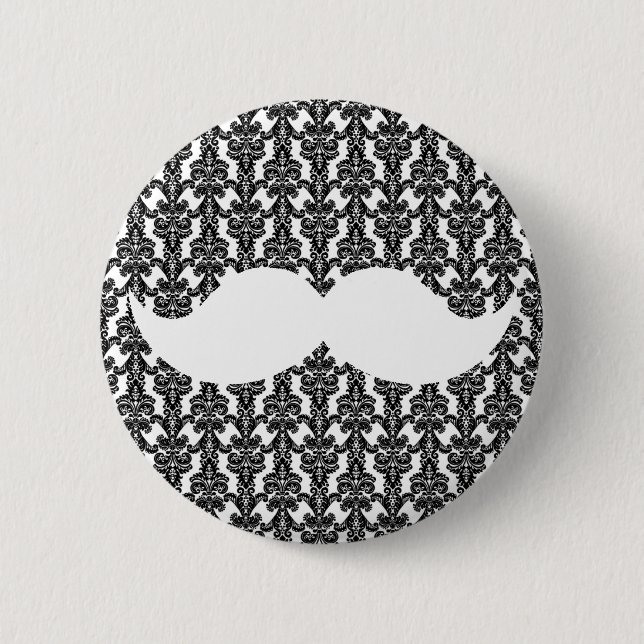 White Handlebar Moustache on Black Damask Paper 6 Cm Round Badge (Front)
