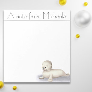 White happy baby seal illustrated personalized notepad