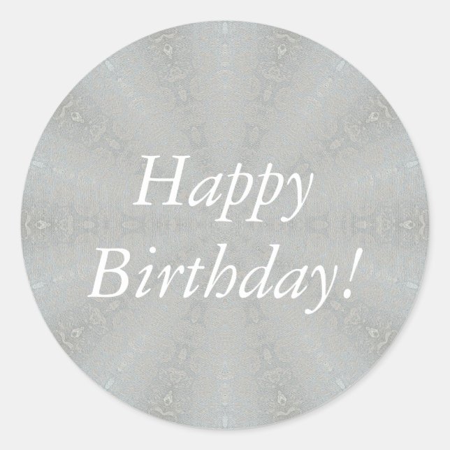 White Happy Birthday on Decorative Silver Stickers (Front)