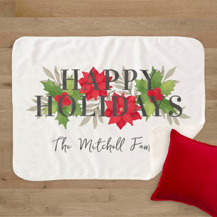 White Happy Holidays Poinsettia Family Name Sherpa Blanket