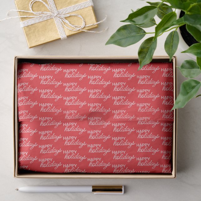 White Happy Holidays Wordart Pattern On Red Tissue Paper (Gift)
