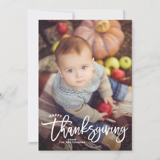 White Happy Thanksgiving Hand Lettering Photo II Holiday Card (Front)