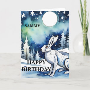White Hare moongazing Birthday Card (editable)