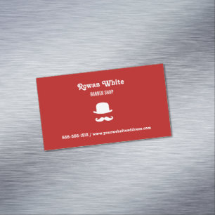 White hat and moustache silhouette red magnetic business card