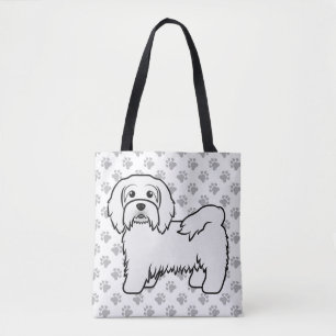 White Havanese Cartoon Dog Illustration & Paws Tote Bag
