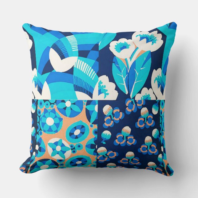 WHITE HAWAII BLUE FLOWERS BOLD FLORAL PATCHWORK CUSHION (Front)