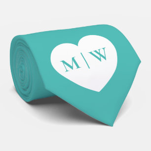 White heart Custom initials names Wedding on Teal Tie
