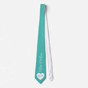 White heart Custom initials names Wedding on Teal Tie