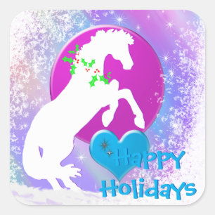 White Heart Horses V Holiday Square Sticker