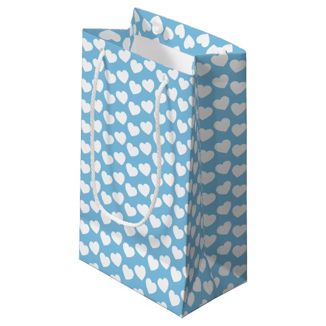 White Heart Pattern on Light Blue Small Gift Bag (Front Angled)
