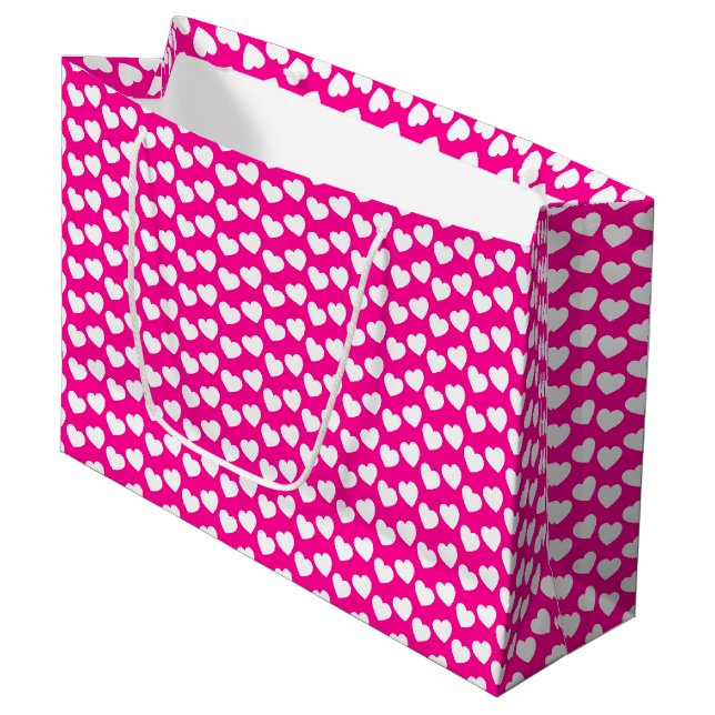 White Heart Pattern on Pink Large Gift Bag (Front Angled)