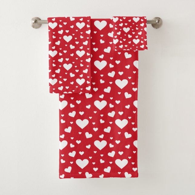 White Heart Pattern On Red Bath Towel Set (Insitu)