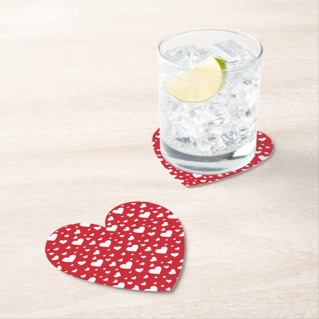 White Heart Pattern On Red Paper Coaster (Insitu)