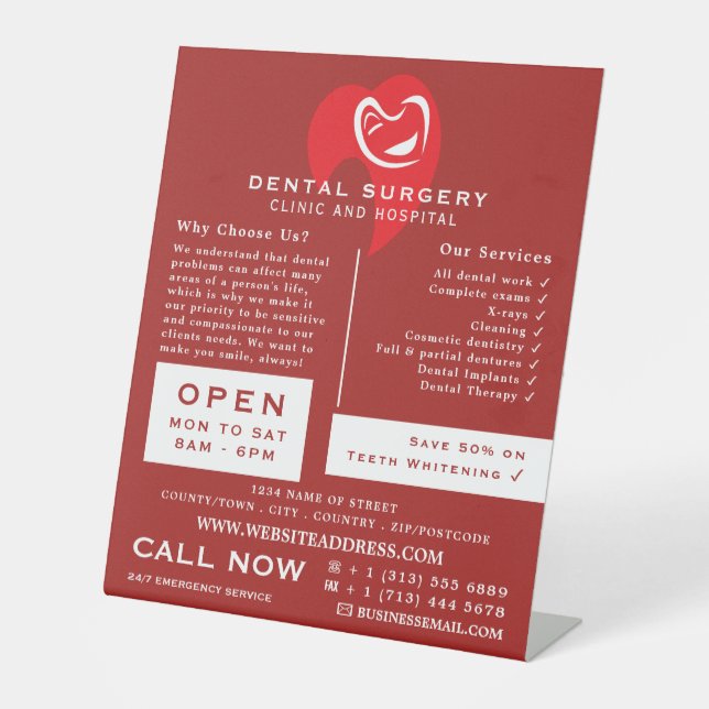 White Hearted Tooth Logo Dentistry, Dentist Advert Pedestal Sign (Front)