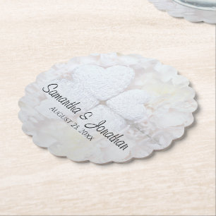 White Hearts and Peony Flowers Wedding Paper Coaster