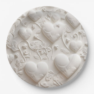 White Hearts (Embossed Look)  Paper Plate
