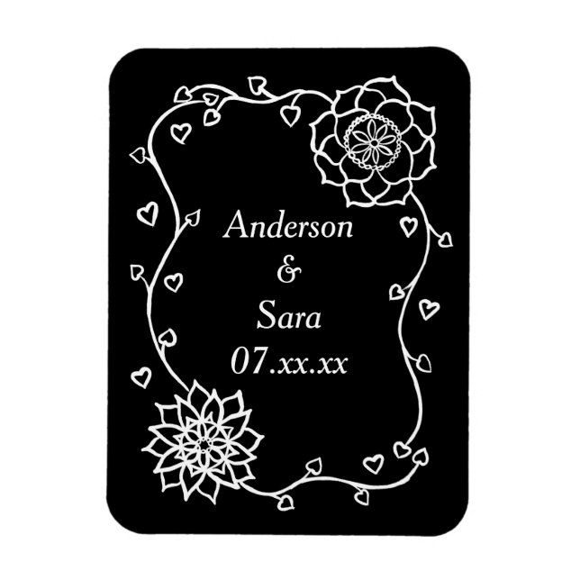 White Hearts & Flowers on Black Save Date Magnets (Vertical)