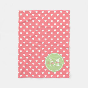 White Hearts on Coral Pink With Mint Monogram Fleece Blanket