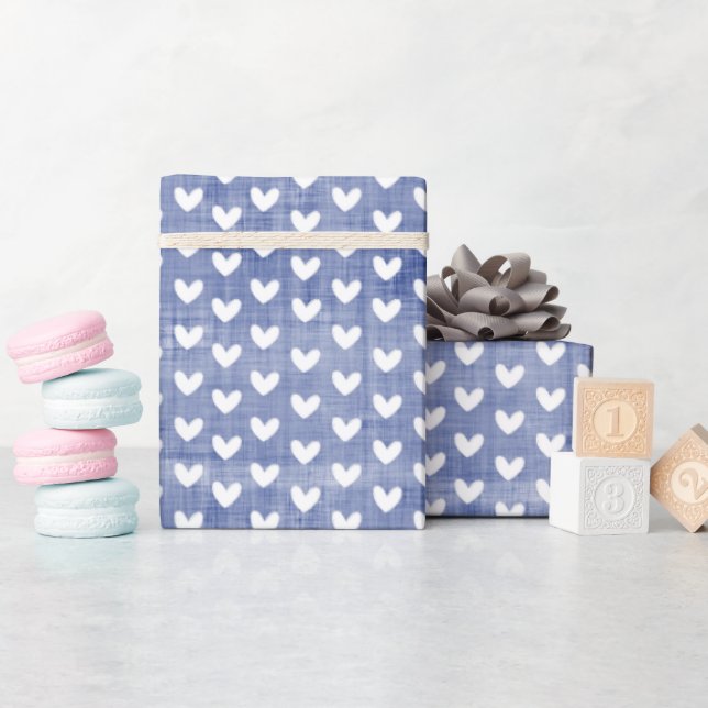White Hearts on Dark Blue Linen Wrapping Paper (Baby Shower)