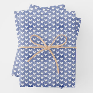 White Hearts on Dark Blue Linen Wrapping Paper Sheet