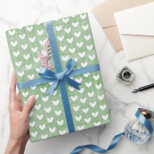 White Hearts on Grass Green Linen Wrapping Paper