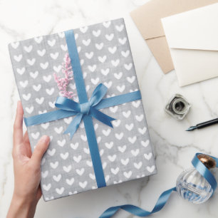 White Hearts on Grey Linen Wrapping Paper