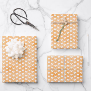 White Hearts on Light Orange Linen Wrapping Paper Sheet