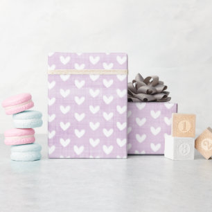 White Hearts on Light Purple Linen Wrapping Paper
