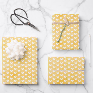 White Hearts on Mustard Yellow Linen Wrapping Paper Sheet