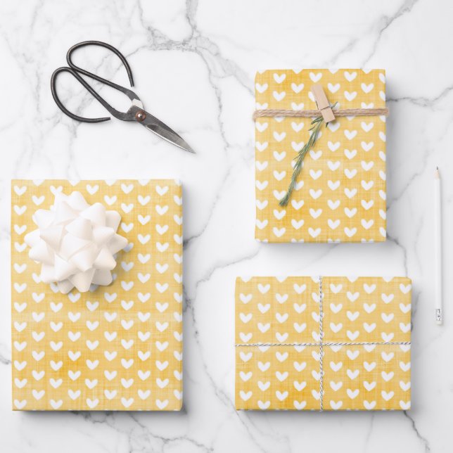 White Hearts on Mustard Yellow Linen Wrapping Paper Sheet (Front)