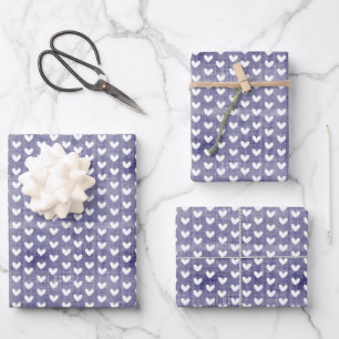 White Hearts on Navy Blue Linen Wrapping Paper Sheet