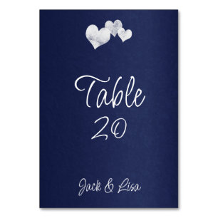 White Hearts on Navy Wedding Table Number