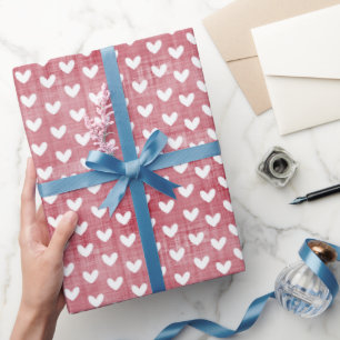 White Hearts on Red Linen Wrapping Paper