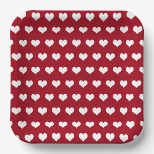 White Hearts On Red Paper Plate
