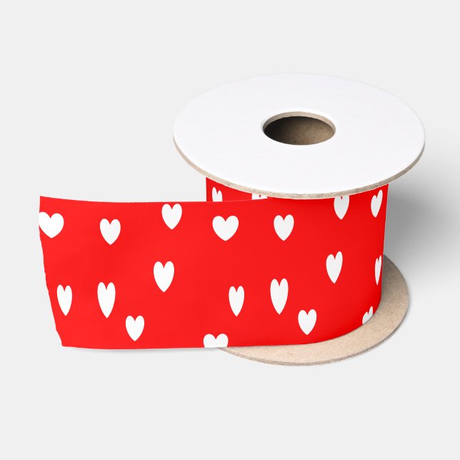 White hearts on red  satin ribbon (Spool)