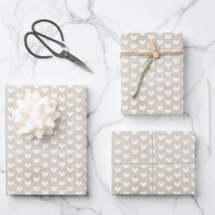 White Hearts on Tan Linen Wrapping Paper Sheet
