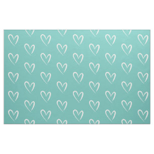 White Hearts on Teal Background Fabric