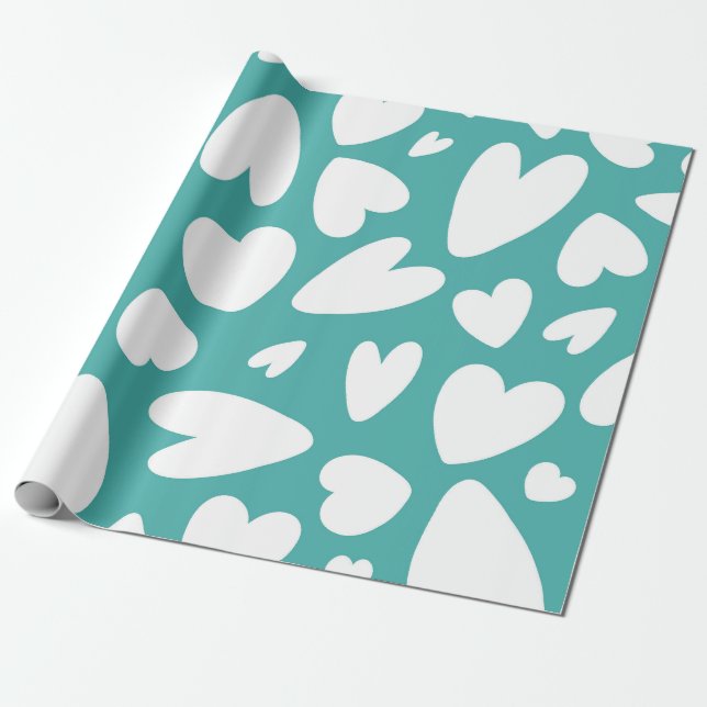 White Hearts on Turquoise Pattern Wrapping Paper (Unrolled)
