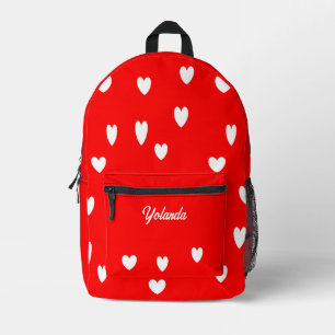 White hearts personalised red printed backpack