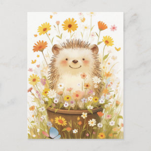 White Hedgehog in Flower Pot with Yellow Daisy Postcard