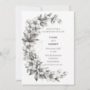 White Hellebore Lunaria Line Art Wedding Invitatio Invitation