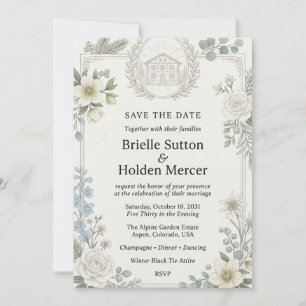 White Hellebores, Roses, Blue Delphinium, Edelweis Invitation