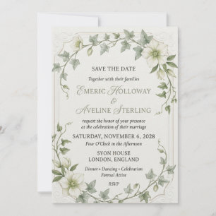 White Hellebores, Trailing Ivy Leaves, Embossed Co Invitation